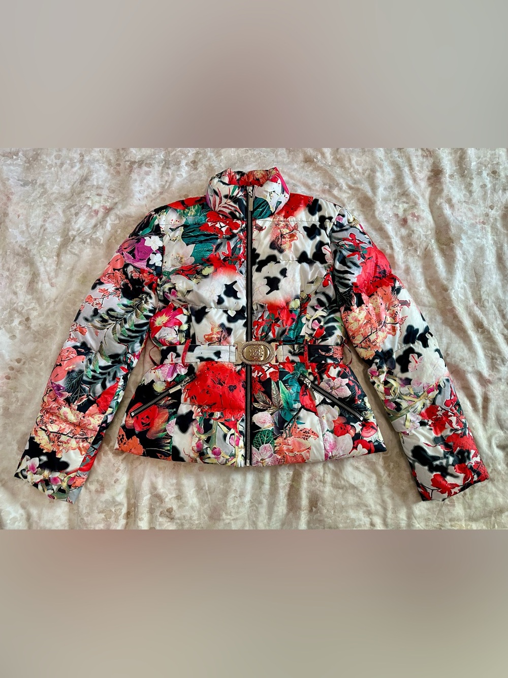Roberto Cavalli Floral Quilted Puffer Jacket in White, Red, Green & Black